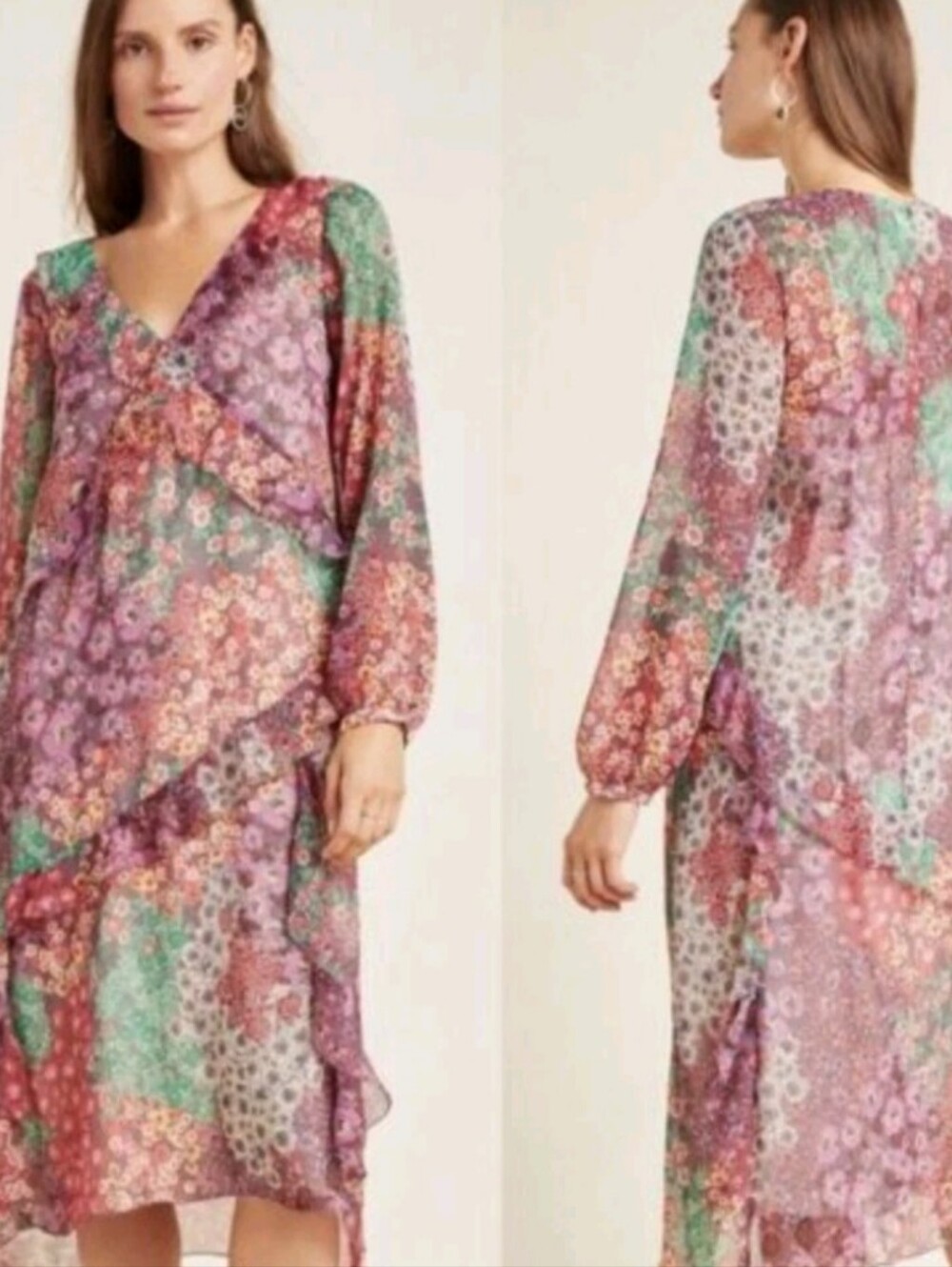 Maeve Anthropologie Sirena Ruffled floral Patchwork Tunic Dress Vneck midi sz M